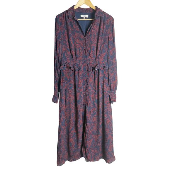 Jason Wu Navy Red Floral Print Tie Neck Long Sleeve Midi Shirt Dress Size 8 - Picture 6 of 16